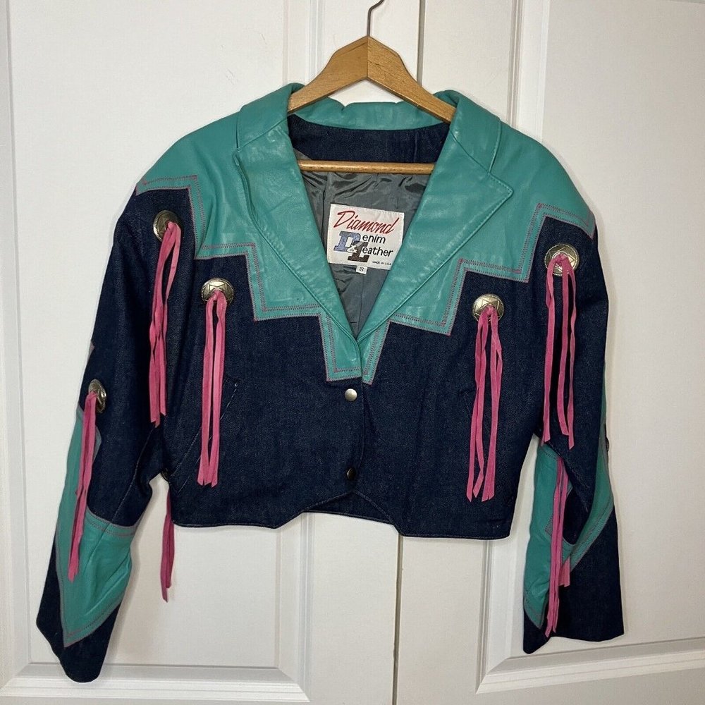 Vintage Diamond Denim & Leather Western Bright Fringe Cowboy Cowgirl Crop Jacket - Picture 2 of 11